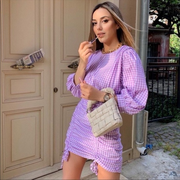 ZARA Purple Gingham Puff Sleeve Rushed Mini Dress Size Small BLOGGERS FAV - Picture 14 of 15